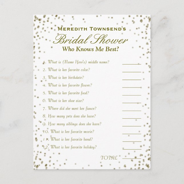 Who' Know's Me Game | Gold Confetti Postcard (Front)