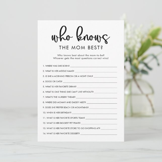 Who knows mum mummy best baby shower game invitation (Standing Front)