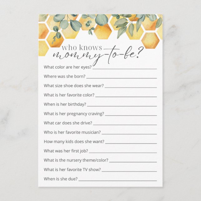 Who Knows Mummy Bee Baby Shower Game Enclosure Card (Front)