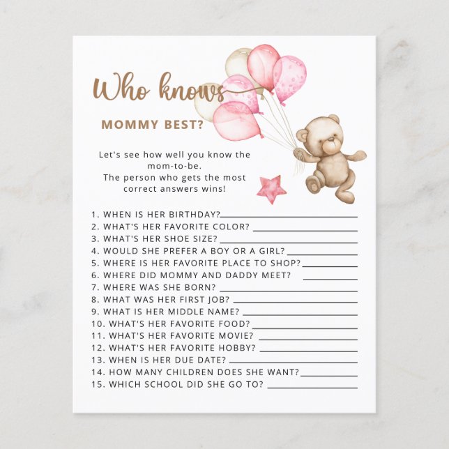 Who knows mummy best baby shower game. (Front)