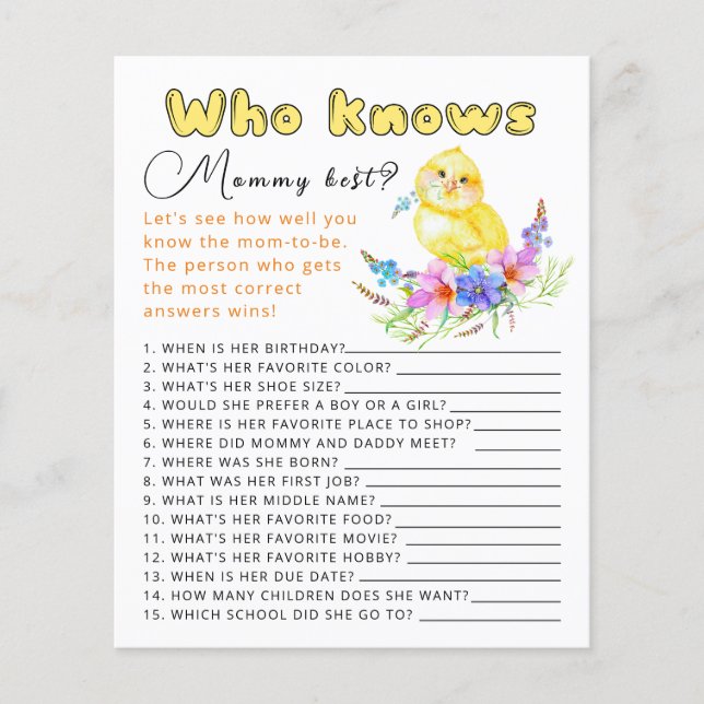 Who knows mummy best baby shower game. (Front)