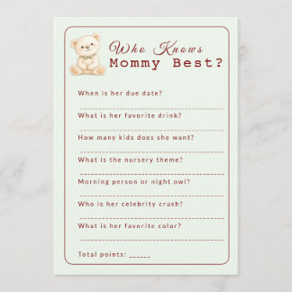 Who Knows Mummy Best Baby Shower Game Card