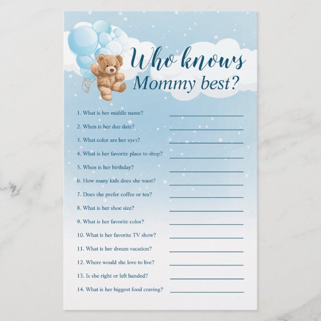  Who Knows Mummy Best Blue Teddy Bear Game Flyer (Front)