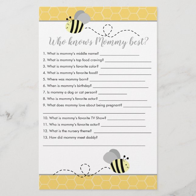 Who knows Mummy Best Bumble Bee Baby Shower Game (Front)