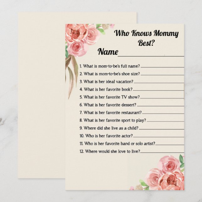 Who Knows Mummy Best Floral Baby Shower Game Card (Front/Back)