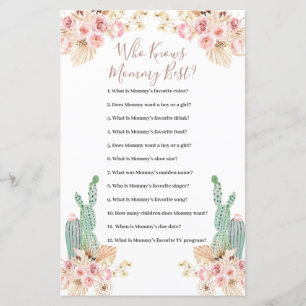 Who Knows Mummy Best Game Boho Cactus Paper Sheet
