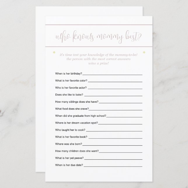 Who Knows Mummy Best Guessing Game Stars Pink (Front/Back)