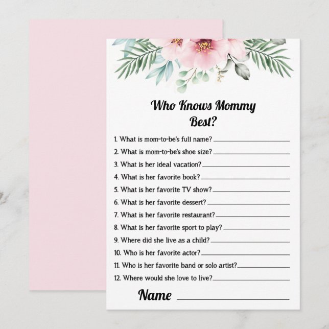 Who Knows Mummy Best Pink Baby Shower Game Card (Front/Back)