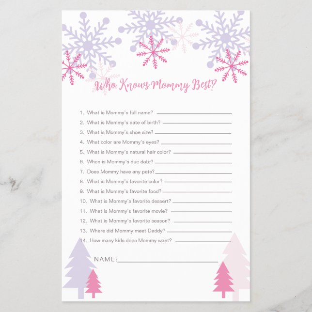 Who Knows Mummy Best Snowflake Baby Shower Game Flyer (Front)