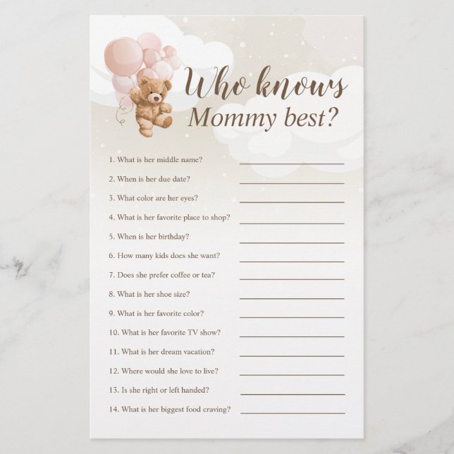 Who Knows Mummy Best Teddy Bear Baby Shower Game Flyer (Front)