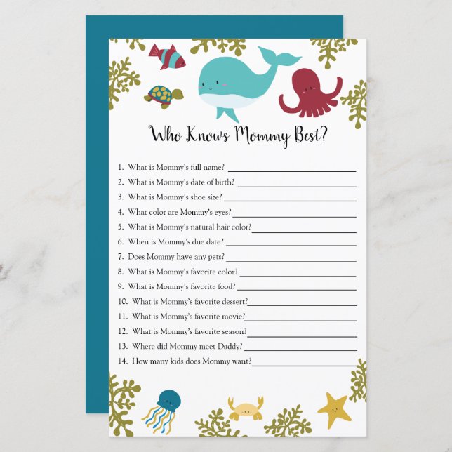 Who Knows Mummy Best Under Sea Baby Shower Game (Front/Back)