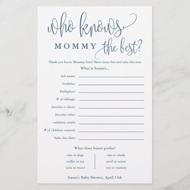 Who Knows Mummy, Blue Baby Shower Paper Game Card (Front)