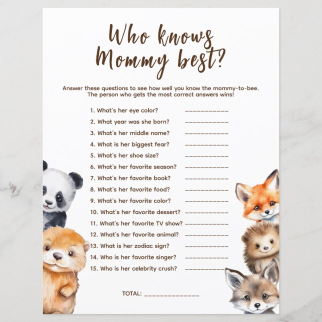 Who knows Mummy Woodland Animals Baby Shower Game (Front)