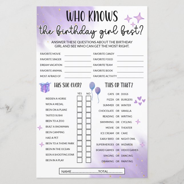 Who Knows The Birthday Girl Best Game - Purple (Front)