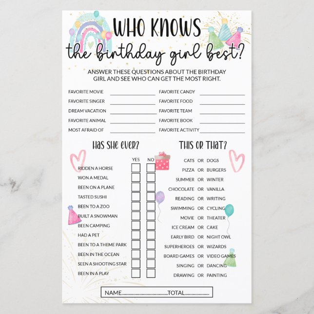 Who Knows The Birthday Girl Best Game - Rainbow (Front)