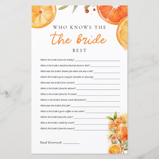 Who Knows the Bride Best Aperol Bridal Shower (Front)
