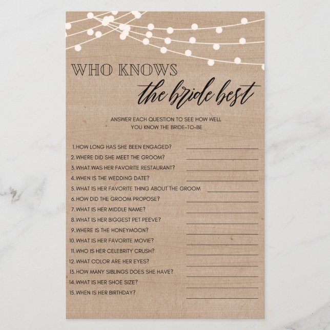 Who knows the bride best bridal shower game (Front)