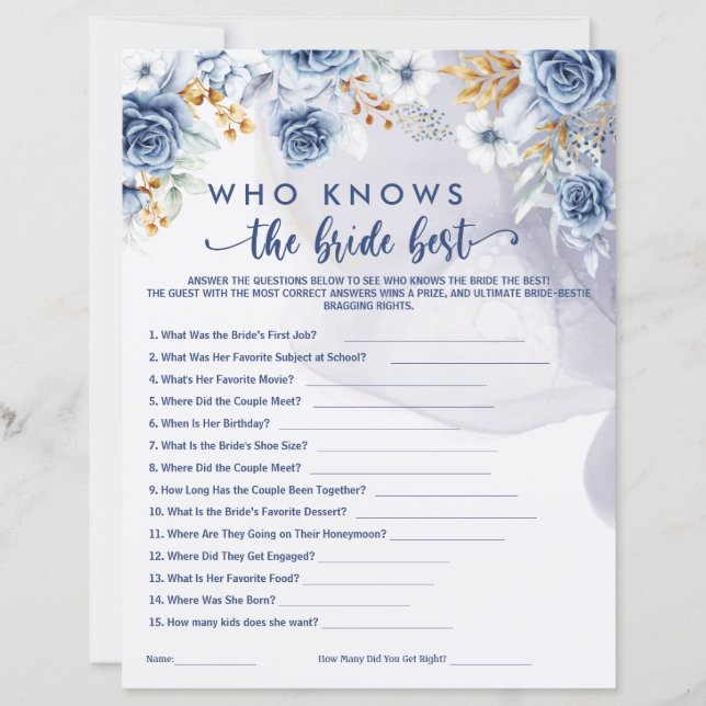 Who Knows the Bride Best Games Bridal Shower  (Front)
