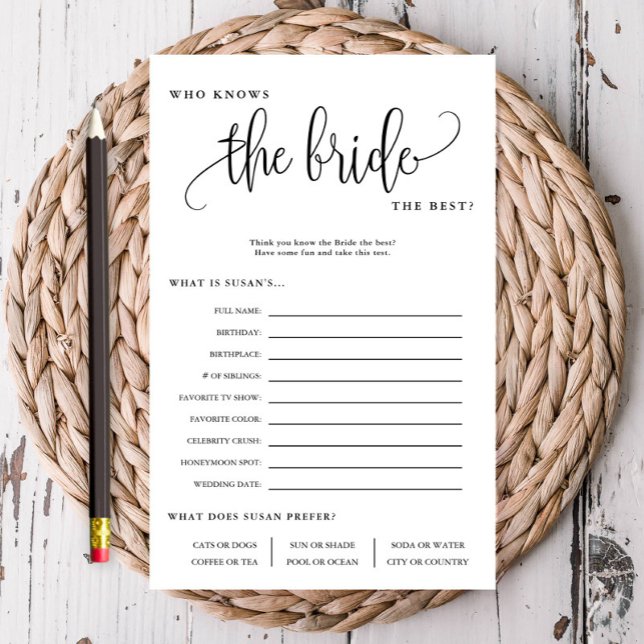 Who Knows The Bride Editable Paper Game Card (Customize the text and all colors too!)