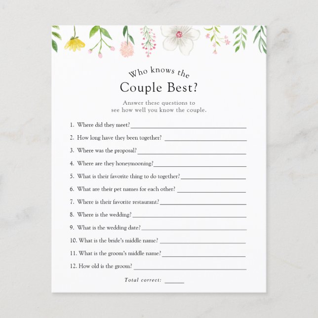 Who Knows the Couple Best Bridal Shower Game (Front)