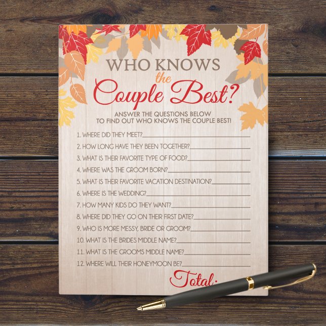 Who Knows The Couple Best Fall Bridal Game Pack Notepad (Who Knows the Couple Best Bridal Shower Party Game. Comes in a pack of 40 easy tear away games!)