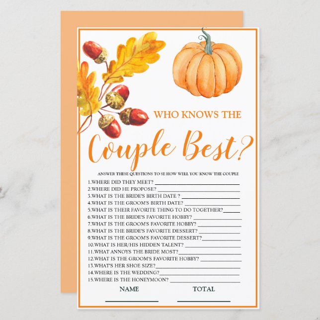 Who knows the Couple Best Fall Pumpkin Bridal Game (Front/Back)