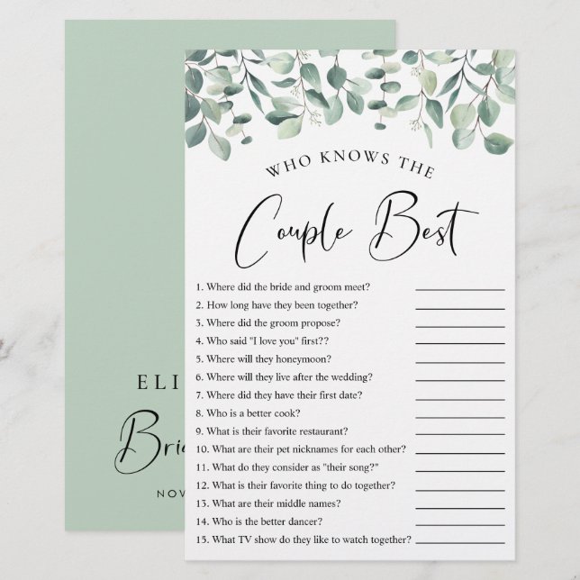 Who Knows the Couple Best Greenery Shower Game (Front/Back)