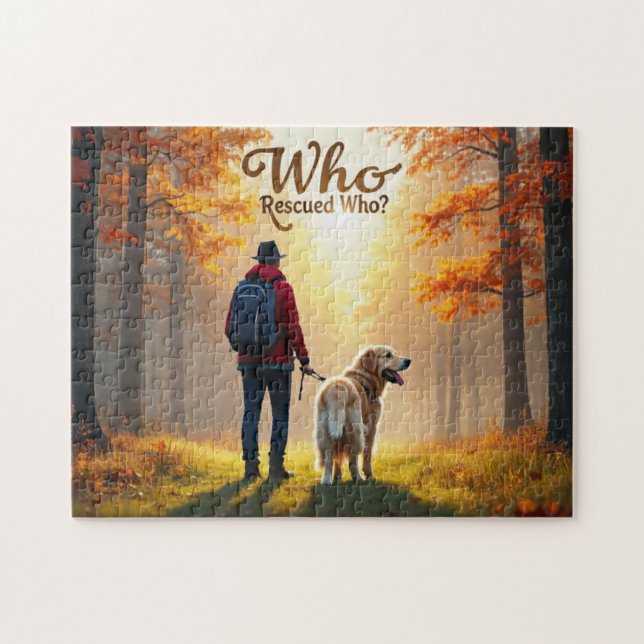 Who Rescued Who - Man golden retriever hike Jigsaw Puzzle (Horizontal)