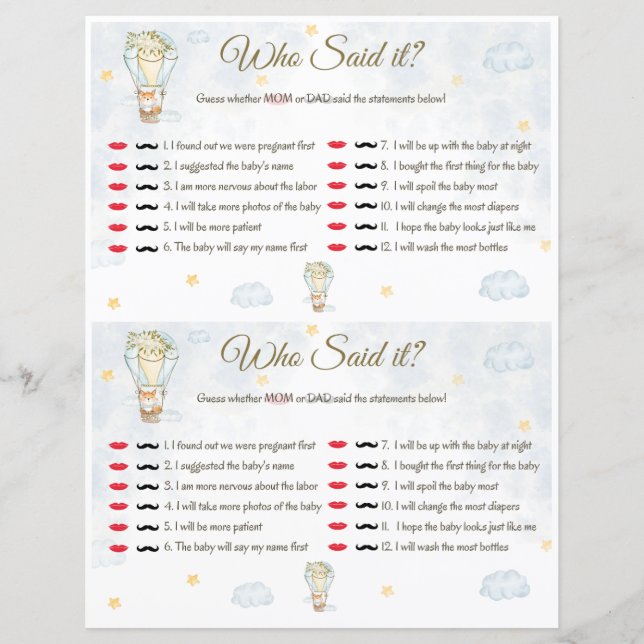 Who Said It? Baby Shower Game (Front)