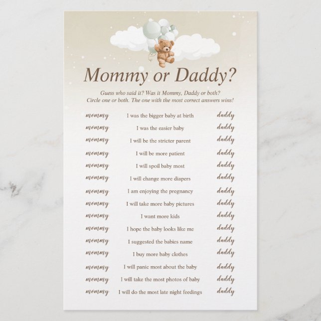 Who Said It Sage Teddy Bear Baby Shower Game Flyer (Front)