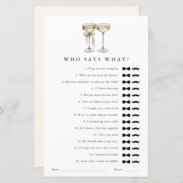 Who says what Champagne Gay Wedding Shower Game (Front/Back)