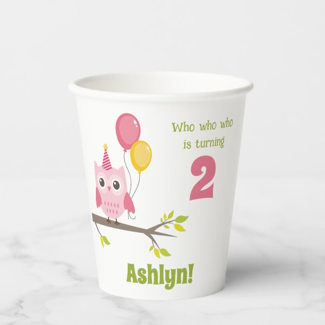 Who Who Is Turning 2 Party Owl 2nd Birthday Paper Cups (Front)