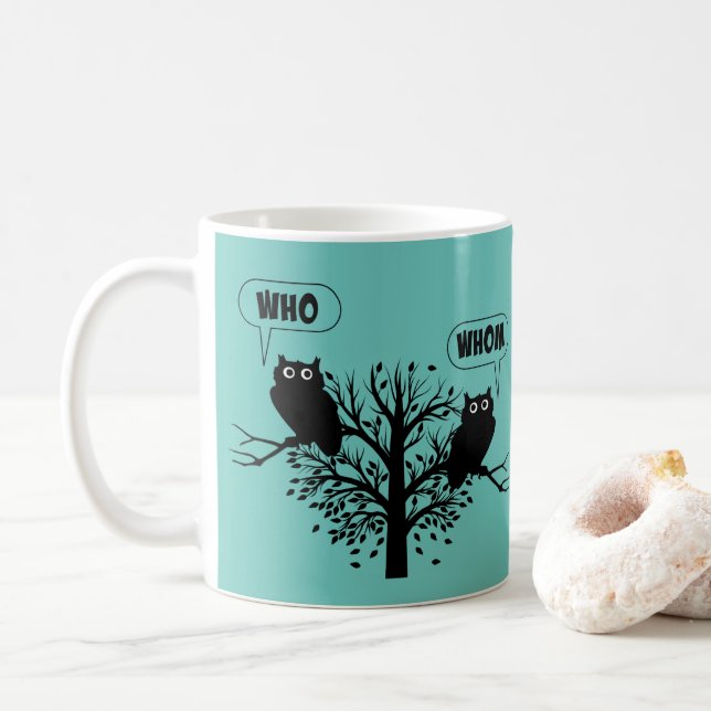 Who Whom Grammar Owls English Style Humour Coffee Mug (With Donut)