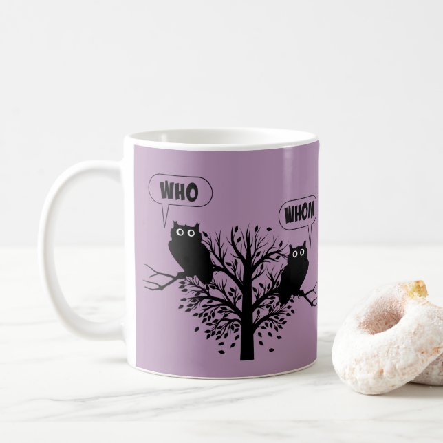 Who Whom Grammar Owls English Style Humour Coffee Mug (With Donut)