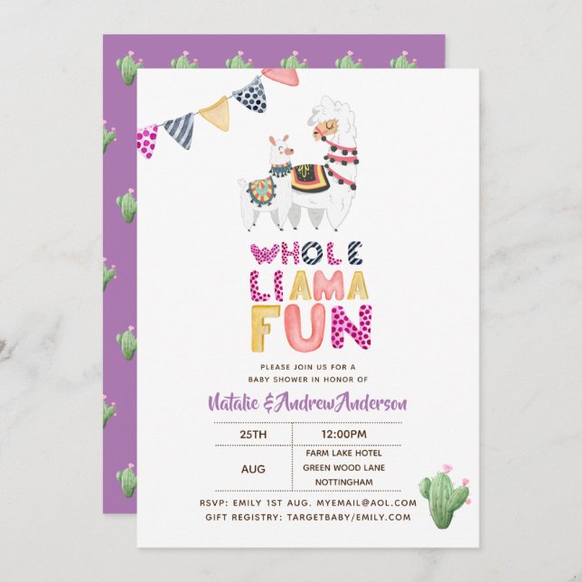 Whole LLama Fun Baby Mama Shower Purple Pink Girls Invitation (Front/Back)