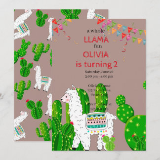 Whole llama fun birthday invitation Alpace Cactus