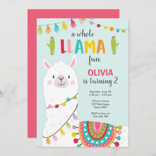 Whole llama fun birthday invitation Alpace Fiesta (Front/Back)