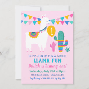 Whole Llama Fun Cactus Pink Girl Birthday Invitation