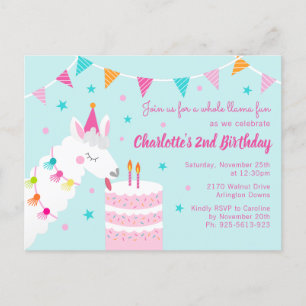Whole Llama Fun Cake 2nd Birthday Aqua Invitation Postcard