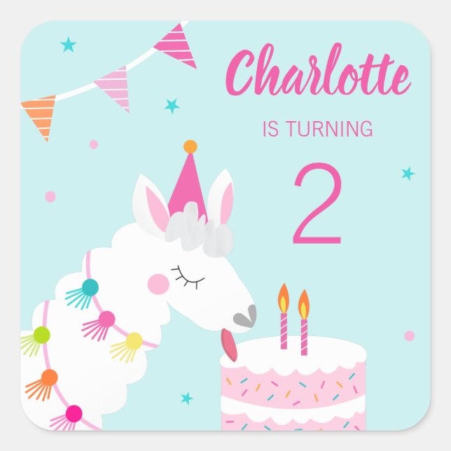 Whole Llama Fun Cake 2nd Birthday Aqua Square Sticker (Front)