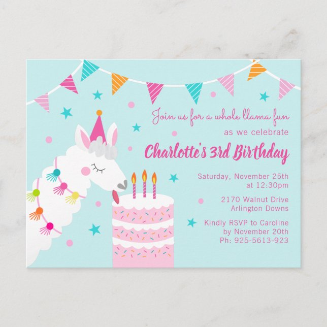 Whole Llama Fun Cake 3rd Birthday Aqua Invitation Postcard (Front)