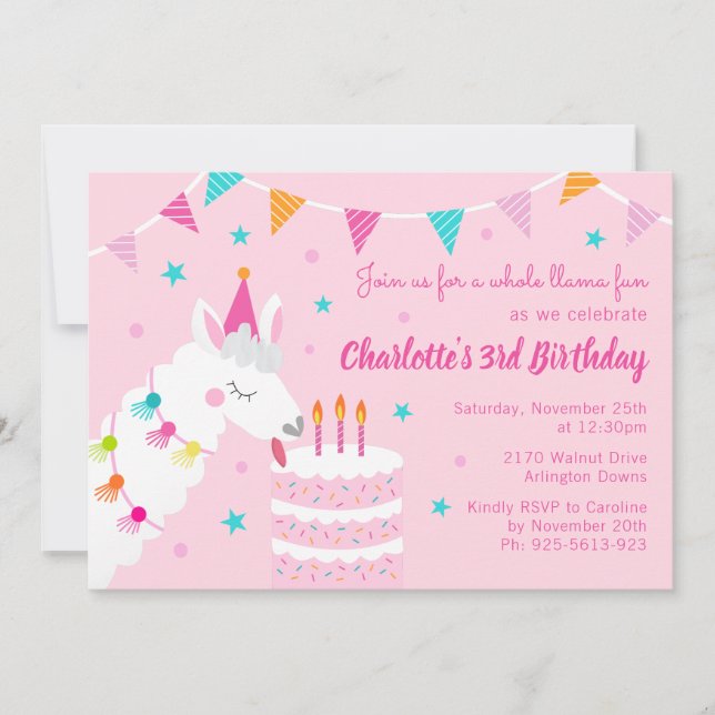 Whole Llama Fun Cake 3rd Birthday Pink Invitation (Front)