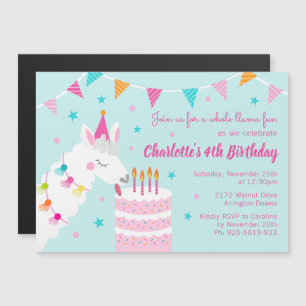 Whole Llama Fun Cake 4th Birthday Aqua Magnetic Invitation