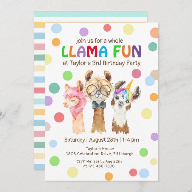 Whole Llama Fun Colourful Kids Birthday Party Invitation (Front/Back)