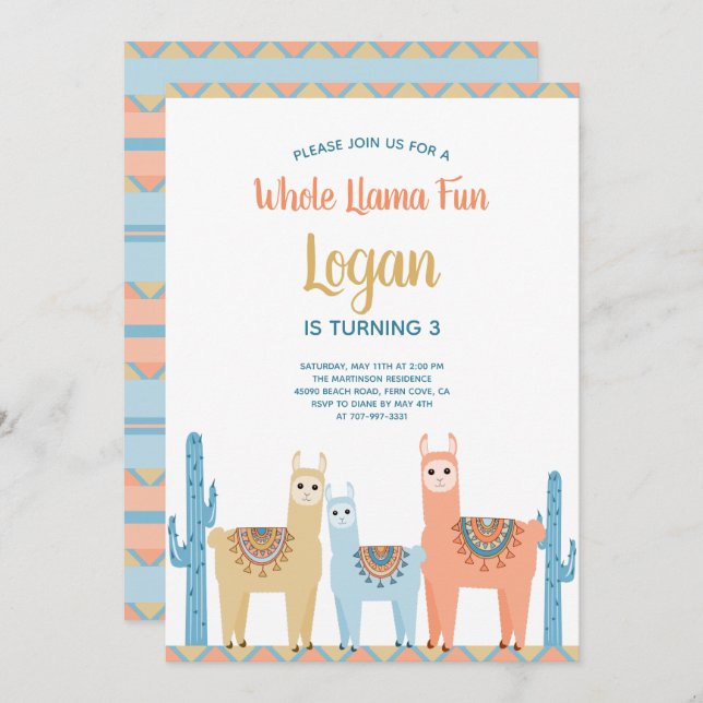 Whole Llama Fun Cute Animals Boy Birthday Party Invitation (Front/Back)