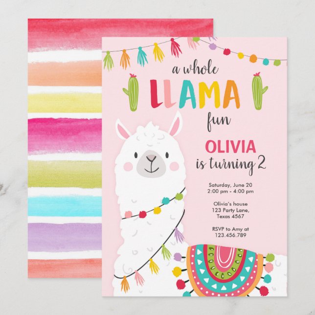 Whole Llama Fun Fiesta Girl Birthday Invitation (Front/Back)