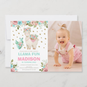 Whole Llama Fun Pink Mint Floral Girl 1st Birthday Invitation
