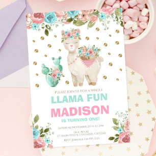 Whole Llama Fun Pink Mint Floral Girl 1st Birthday Invitation