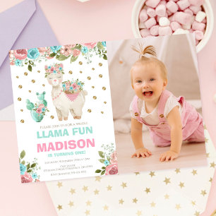 Whole Llama Fun Pink Mint Floral Girl 1st Birthday Invitation
