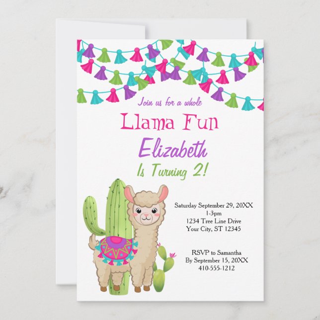 Whole Llama Fun Pink Purple Cactus 2nd Birthday Invitation (Front)
